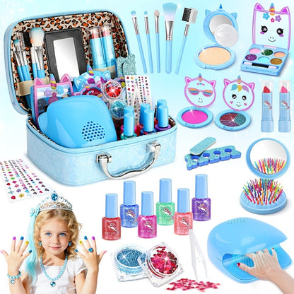 Kids Makeup Set for Girls, 2-in-1 Princess Makeup & Nail Art Kit, Pretend Play Cosmetics with Nail Polish