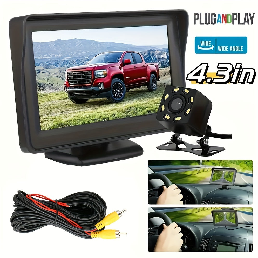 Backup Camera Kit with 4.3 Inch Monitor – 8 LED HD Night Vision Reversing Camera | 1080p Wide Angle | USB Powered | for Car, Truck