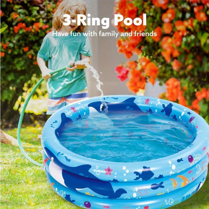 Whale Inflatable Kiddie Pool 34 Inch for Toddlers & Dogs, 3-Ring Ocean Pattern Baby Pool, Portable Backyard Water Play Pit