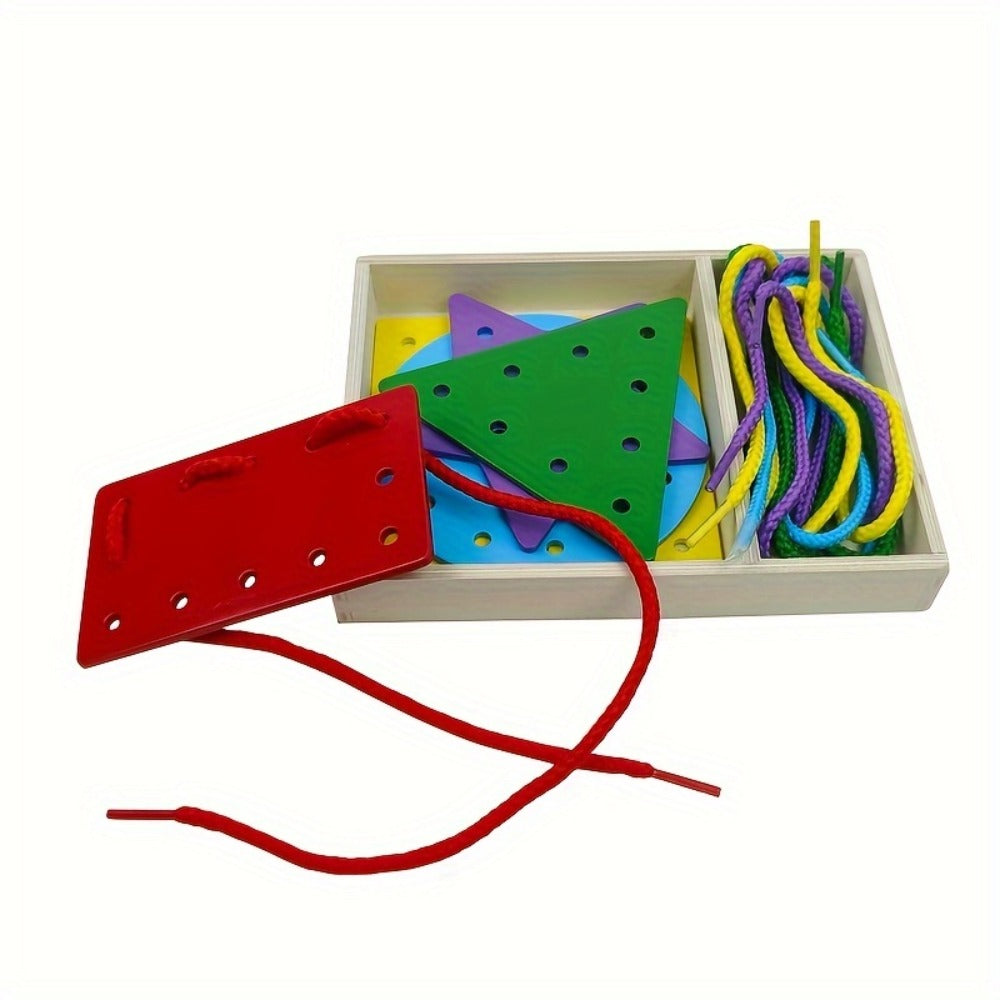Montessori Wooden Lacing Cards for Toddlers, 5-Piece Double-Sided Threading Shapes in a Box