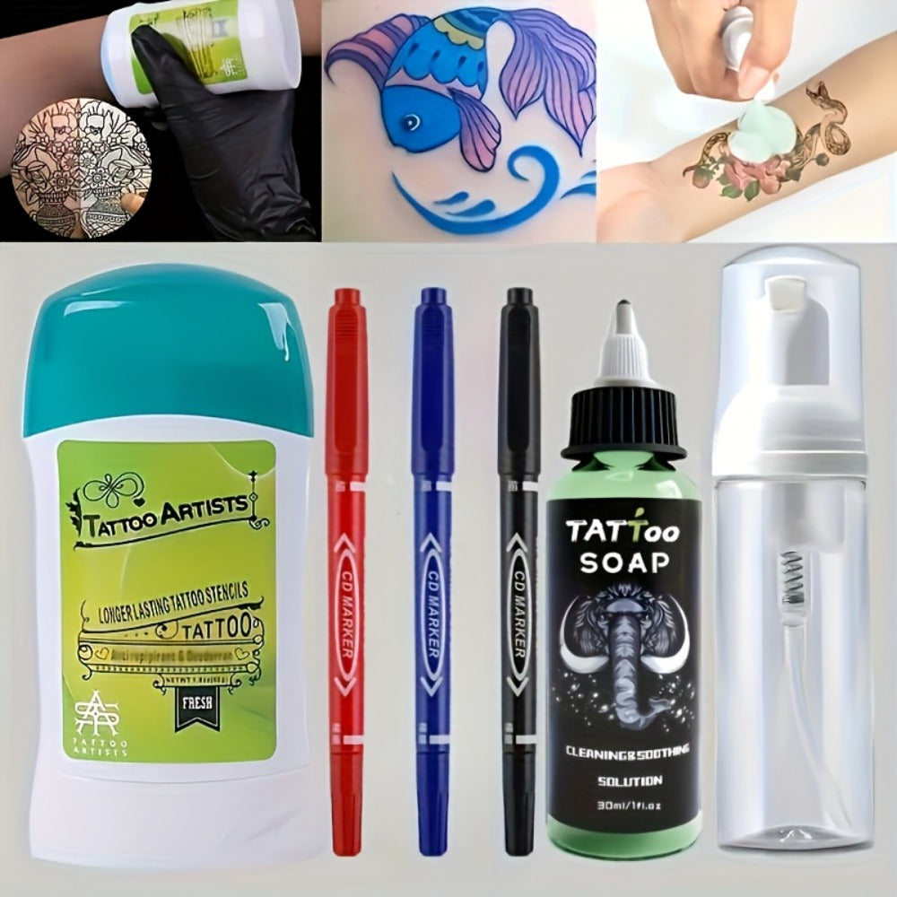 Tattoo Transfer Kit Complete Set with Ink Gel Green Soap Solution & Stencil Markers for Temporary Body Art, Festivals and Costumes