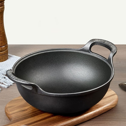 Cast Iron Wok Skillet Non-Stick Deep Stir Fry Pan with Dual Handles – Uncoated Traditional for Home Cooking, Dining and Outdoor Meals
