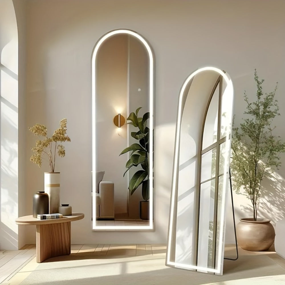 Full Length Mirror Floor Standing with LED Light – Arched & Rect Aluminum Frame Dressing Mirror for Bedroom Living Room, Black/Golden/White