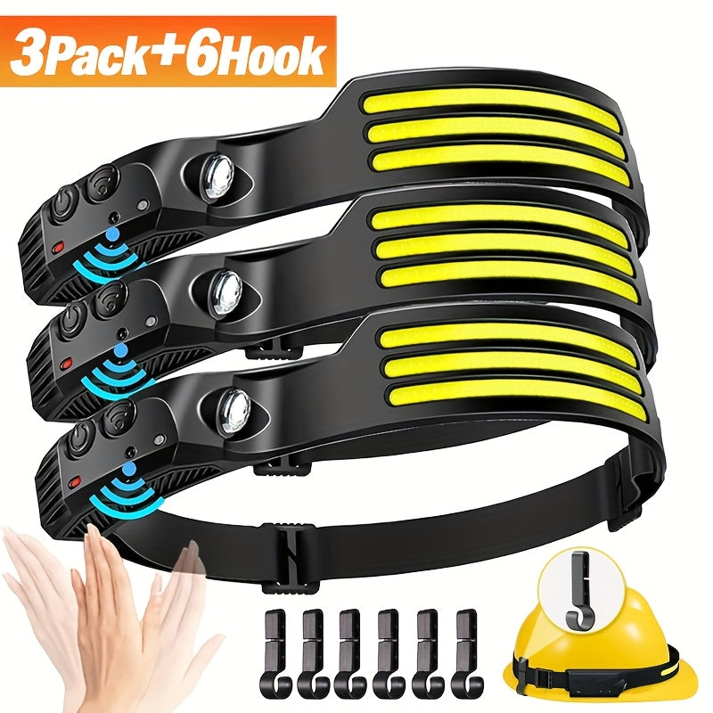 Three-Pack COB and LED Headlamps with 230° Beam, Five Modes, Motion Sensor and Six Hooks Included