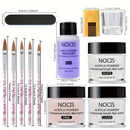 Acrylic Nail Kit NOCIS Clear, Pink and White Powder Set with Liquid Monomer, Five Brushes, File and Mixing Cup