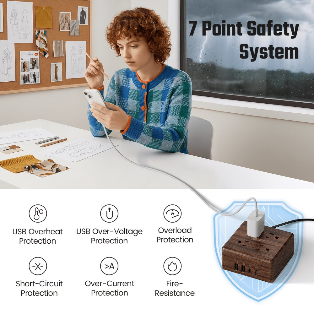 Power Strip 8-in-1 with 4 Widely Spaced AC Outlets, 4 USB Ports and 5-Foot Cord in Three Color Options