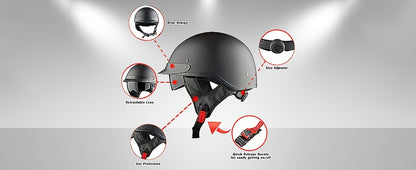 Motorcycle Helmet 1STORM Half-Shell with Retractable Smoked Visor, Five Graphic Styles, S-XL Sizes and Quick-Release Strap