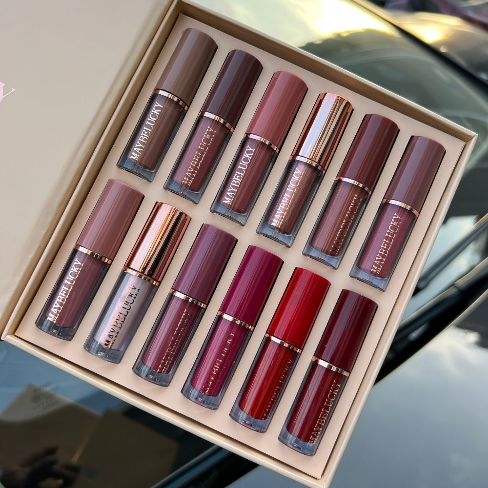 Liquid Lipstick Set 12 Pcs Velvet Matte, Non-Transfer Shimmer & Nude Shades in Elegant Book-Style Gift Box