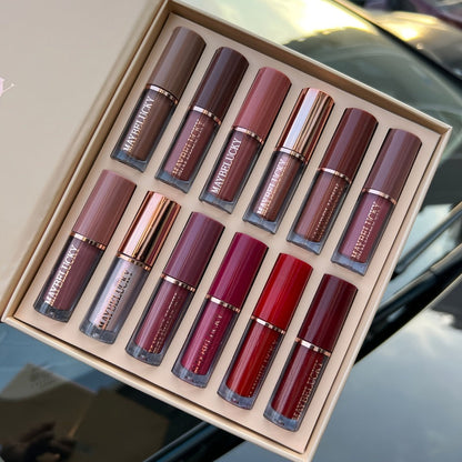 Liquid Lipstick Set 12 Pcs Velvet Matte, Non-Transfer Shimmer & Nude Shades in Elegant Book-Style Gift Box