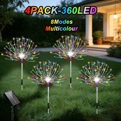 Solar Garden Lights Firework Stakes with 240/360/480 LEDs, 8 Modes, 4/8 Packs and Three Colors