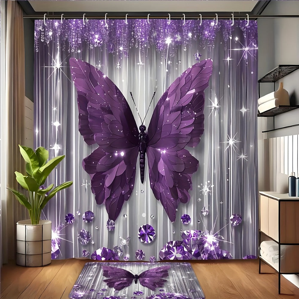 Butterfly-Print Shower Curtain with Four Colors and Single-Curtain or Four-Piece Bathroom Set Options