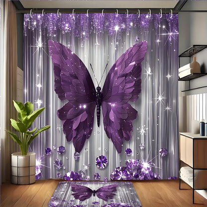 Butterfly-Print Shower Curtain with Four Colors and Single-Curtain or Four-Piece Bathroom Set Options