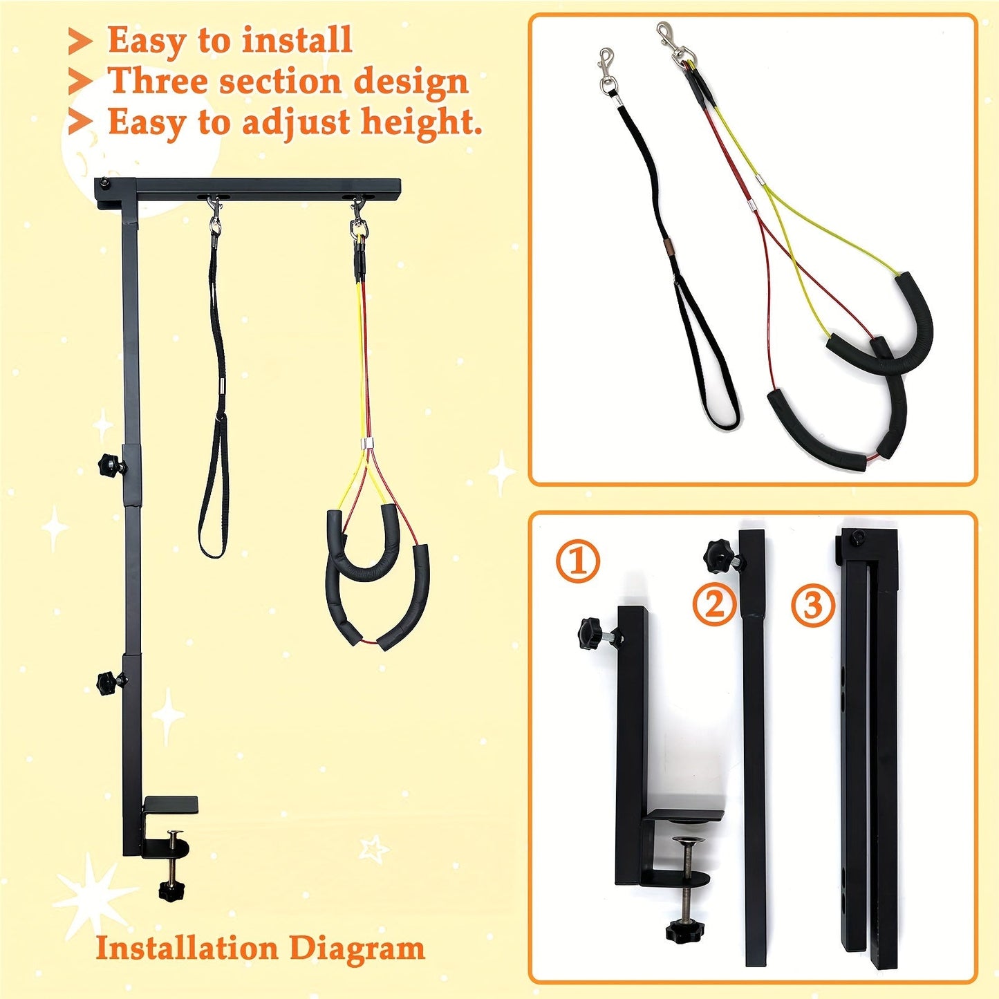 Pet Grooming Arm, 36-Inch Three-Section Iron Clamp Stand with Haunch Holder and Positioning Ropes