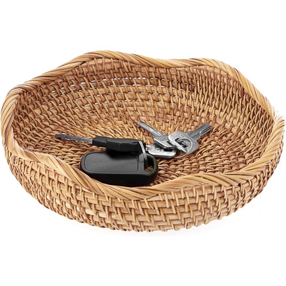 Rattan Tray Bowl – 8.5 Inch Hand Woven Natural Wicker Basket Tray for Fruit, Bread, Keys, Tabletop Decor, Kitchen, Entryway & Living Room