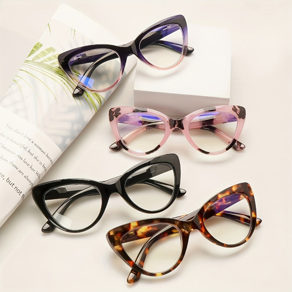 Reading Glasses – Four-Pair Cat-Eye Reader Set with Leopard and Gradient Frames with Multiple Strength and Color Options