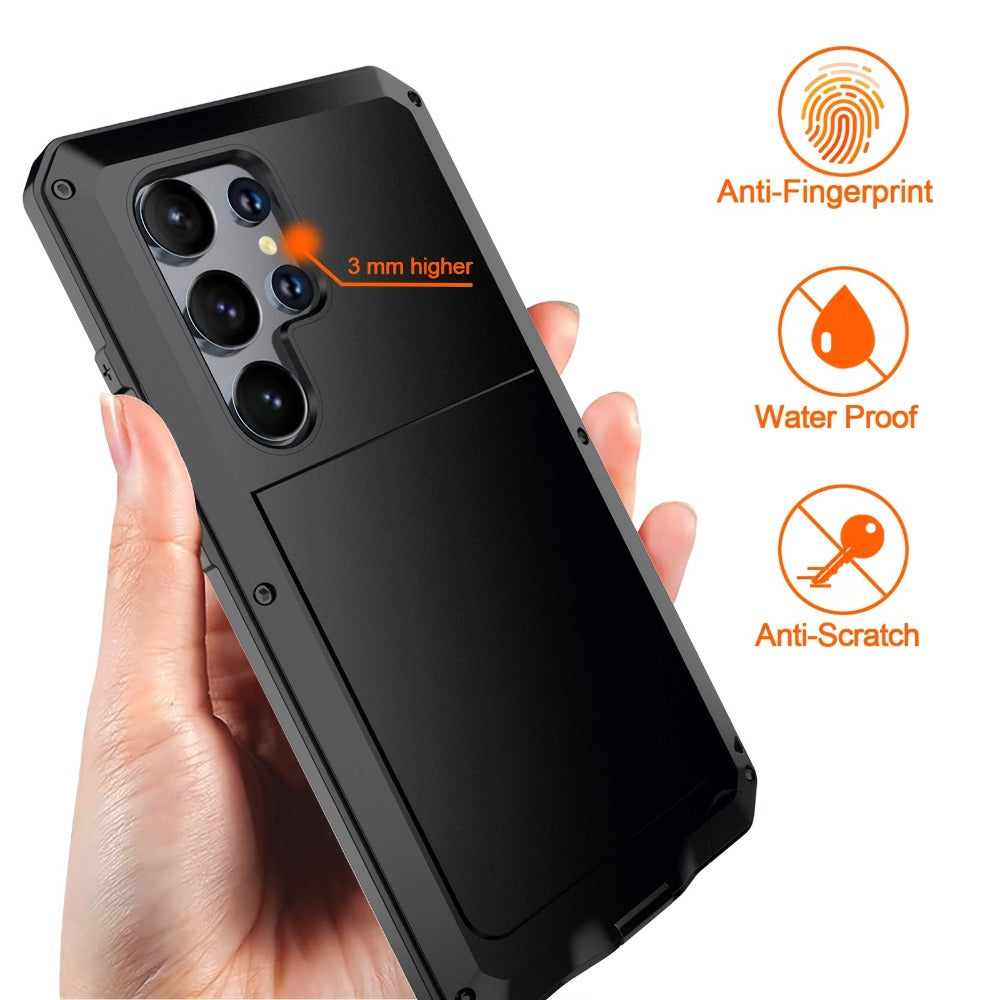 Phone Case with Metal Frame, Integrated Glass Screen Protector and S Pen Opening for Select Galaxy S23-S25 Models