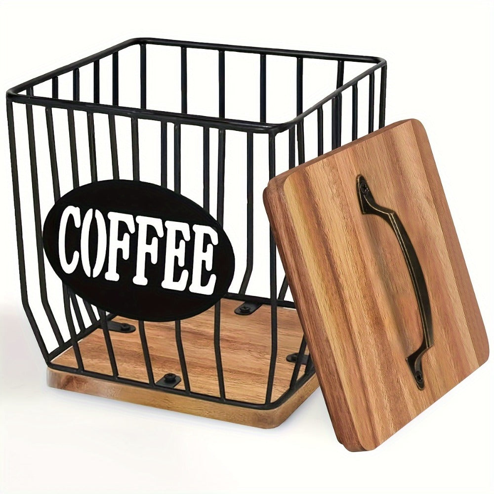 K-Cup Coffee Pod Holder Rack with Lid – Large Capacity Black Metal Square Coffee Capsule Storage Organizer with Wooden Base
