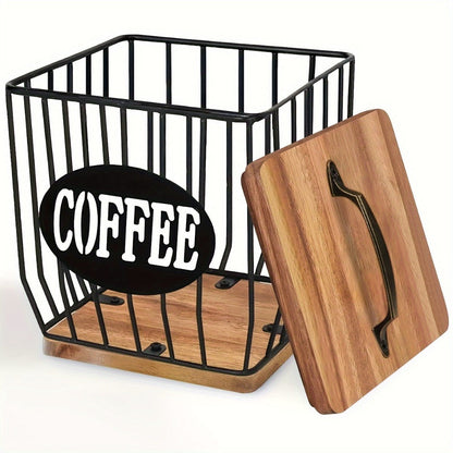 K-Cup Coffee Pod Holder Rack with Lid – Large Capacity Black Metal Square Coffee Capsule Storage Organizer with Wooden Base
