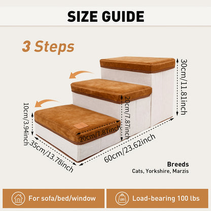 Dog Stairs for High Beds 3-Tier Foldable Pet Steps with Non-Slip Surface & Plush Chicken Leg Toy | Nylon Dog Ramp for Small & Extra Small