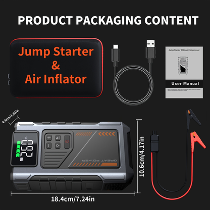 Jump Starter with Air Compressor 5000A Peak 150PSI Tire Inflator 5-in-1 Portable Car Battery Jump Pack for Garden, Patio and Yard Use