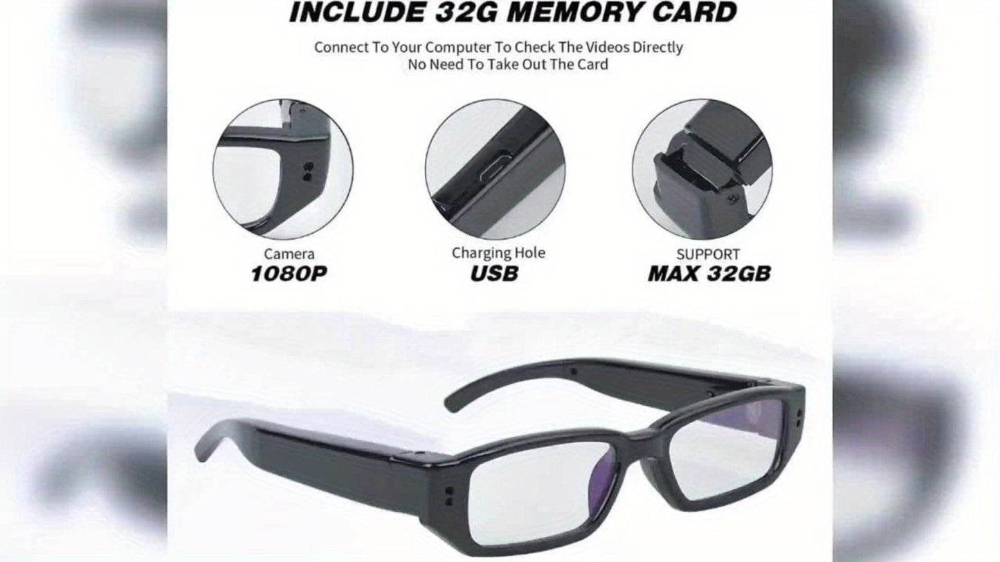 13B Clear-Lens Camera Glasses in Black with Thick Temples and 32GB or 64GB TF Card Bundles