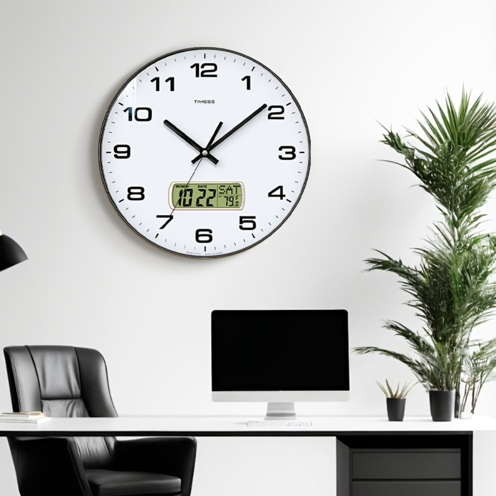 Round Analog Wall Clock with LCD Calendar and Temperature Window, Four Colors and 10- or 12-Inch Sizes
