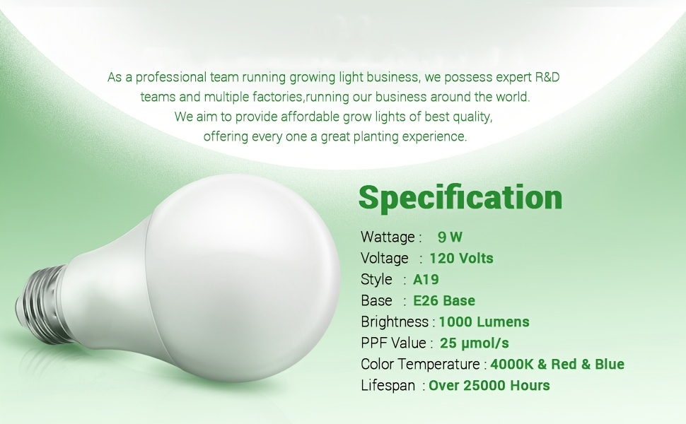 Grow Light Bulb A19 E26 Full Spectrum 9W 100W Equivalent | Natural White 4000K LED Plant Bulb for Indoor Plants Seed Starting | 2 4 6 12