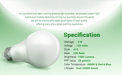 Grow Light Bulb A19 E26 Full Spectrum 9W 100W Equivalent | Natural White 4000K LED Plant Bulb for Indoor Plants Seed Starting | 2 4 6 12