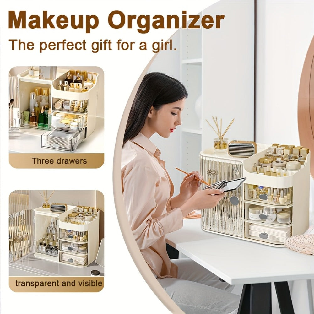 Makeup Organizer with 3 Drawers and Mirror – Large Capacity Cosmetic Storage Box Vanity Organizer for Skincare Contact Lens Display Case