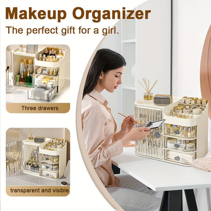 Makeup Organizer with 3 Drawers and Mirror – Large Capacity Cosmetic Storage Box Vanity Organizer for Skincare Contact Lens Display Case
