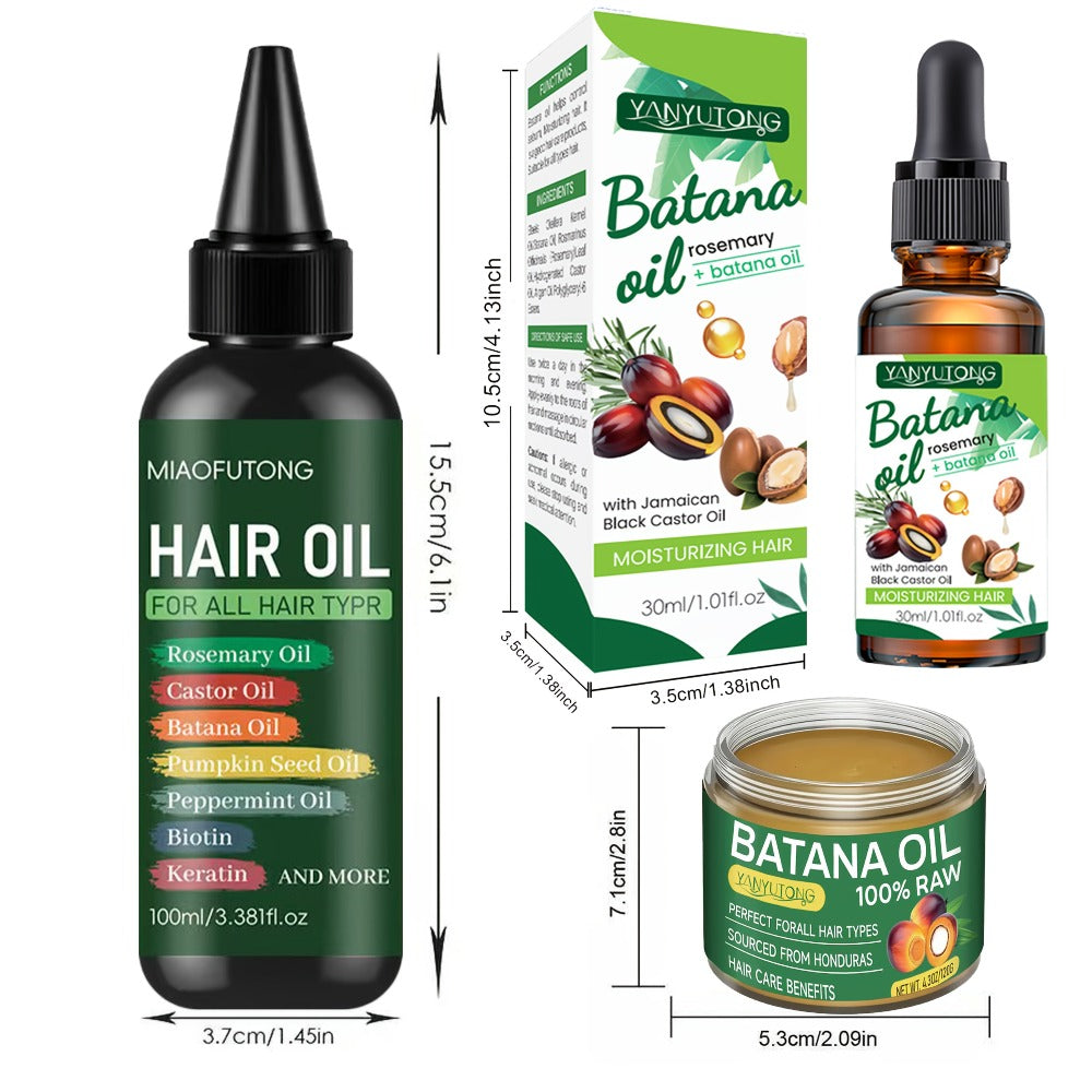 Biotin Hair Oil 3-Piece Set with Cold-Pressed Bataina Oil Essential Oil & Conditioner, Strengthens Breakage Split Ends Enhances Shine