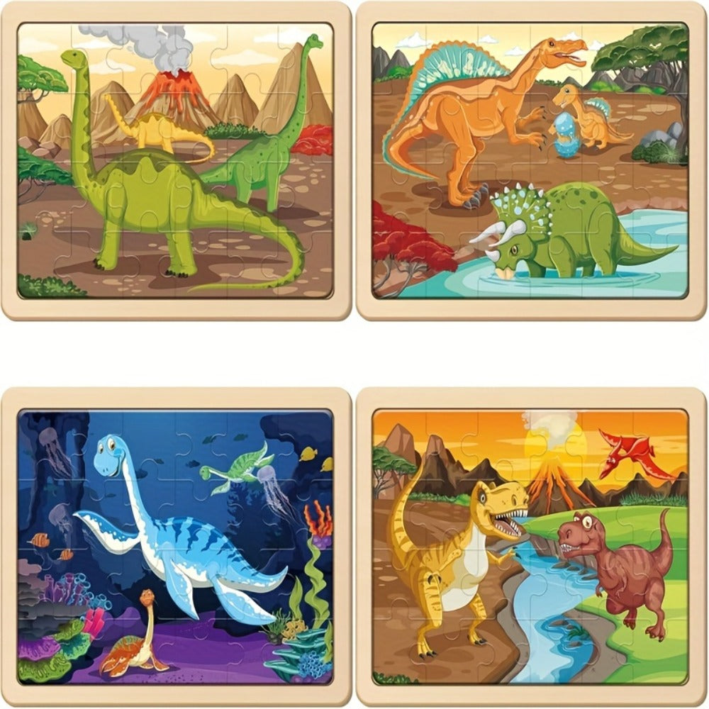 Dinosaur Puzzle Set for Kids Ages 3-8 Wooden 4-in-1 Jigsaw with 24 Pieces Each, Colorful Preschool Educational Toy for Boys & Girls