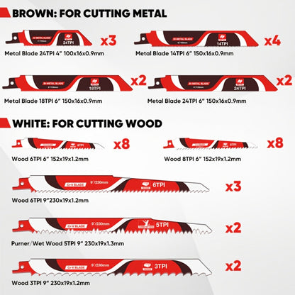 Reciprocating Saw Blades Set 34-Piece, Universal Fit Bi-Metal Blades for Metal & Wood Cutting, Demolition