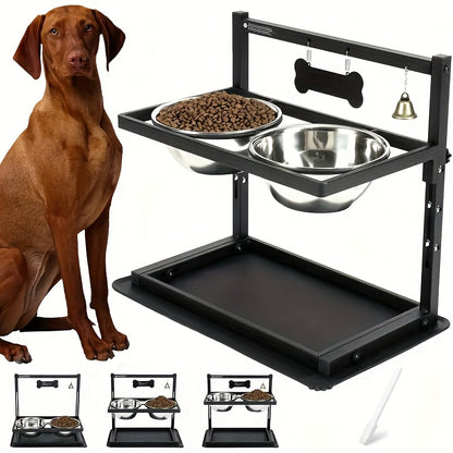 Raised Dog Bowl Stand Adjustable Height – Metal Elevated Feeder with 2 Stainless Steel Bowls for Large Medium Dogs