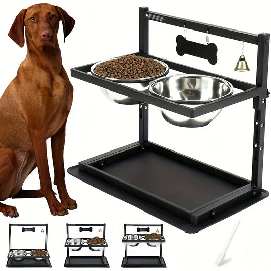 Raised Dog Bowl Stand Adjustable Height – Metal Elevated Feeder with 2 Stainless Steel Bowls for Large Medium Dogs
