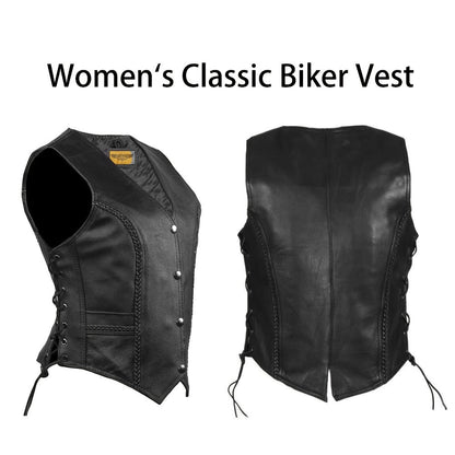 Women's Leather Motorcycle Vest – Concealed Carry Pockets, Lace-Up Sides, Metal Eyelet Accents, Adjustable Straps, Edgy Biker Style, Black