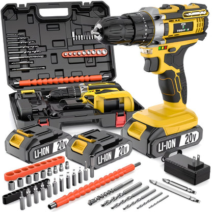 Cordless Drill Set 20V - Tegatok Impact Drill Kit with 45Nm Torque, 23-Speed Settings, LED Light