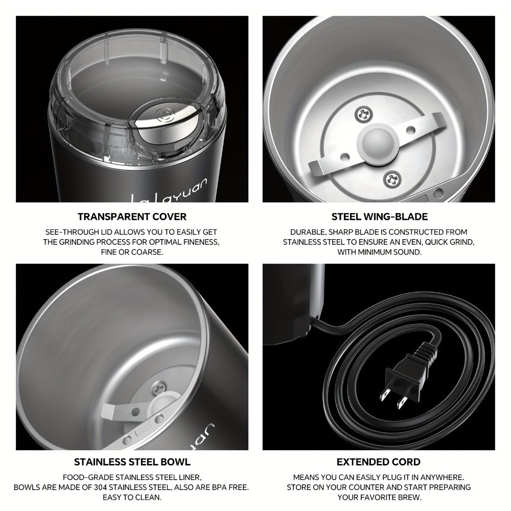 200W-Labeled Electric Coffee Grinder with Press-Lid Control, Two-Leaf Blade and Three Housing Options