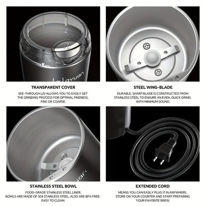 200W-Labeled Electric Coffee Grinder with Press-Lid Control, Two-Leaf Blade and Three Housing Options