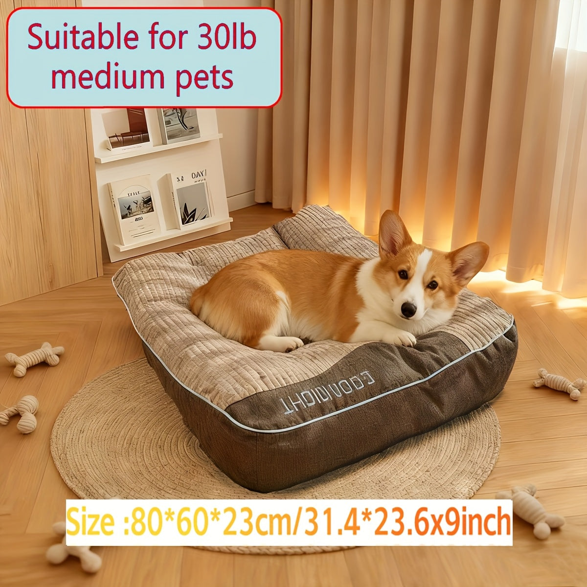 Gray Rectangular Dog Bed with Thick Polyester Fiber Cushion, Four Size Options and Included Grooming Tool