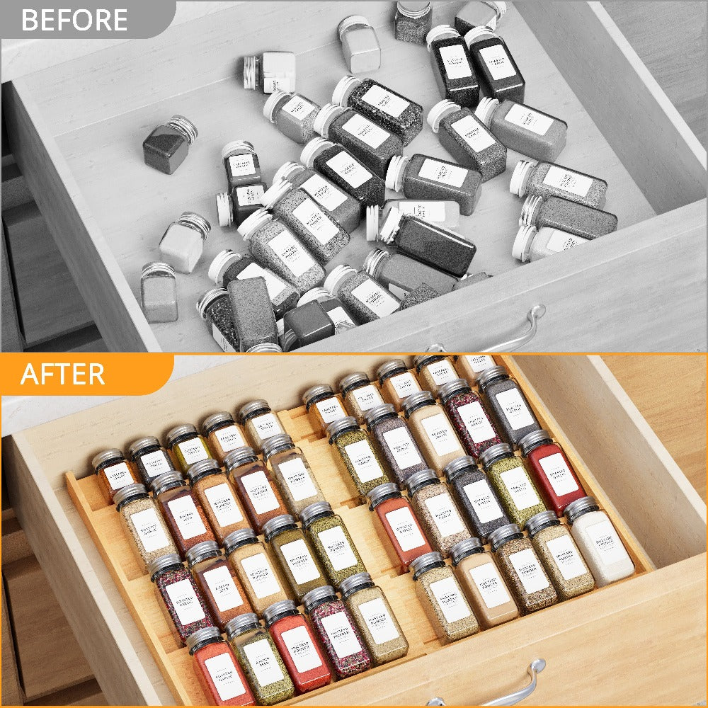Spice Drawer Rack Kitchen Organizer 4-Tier Expandable Bamboo Tray Adjustable from 12 to 23 Inches