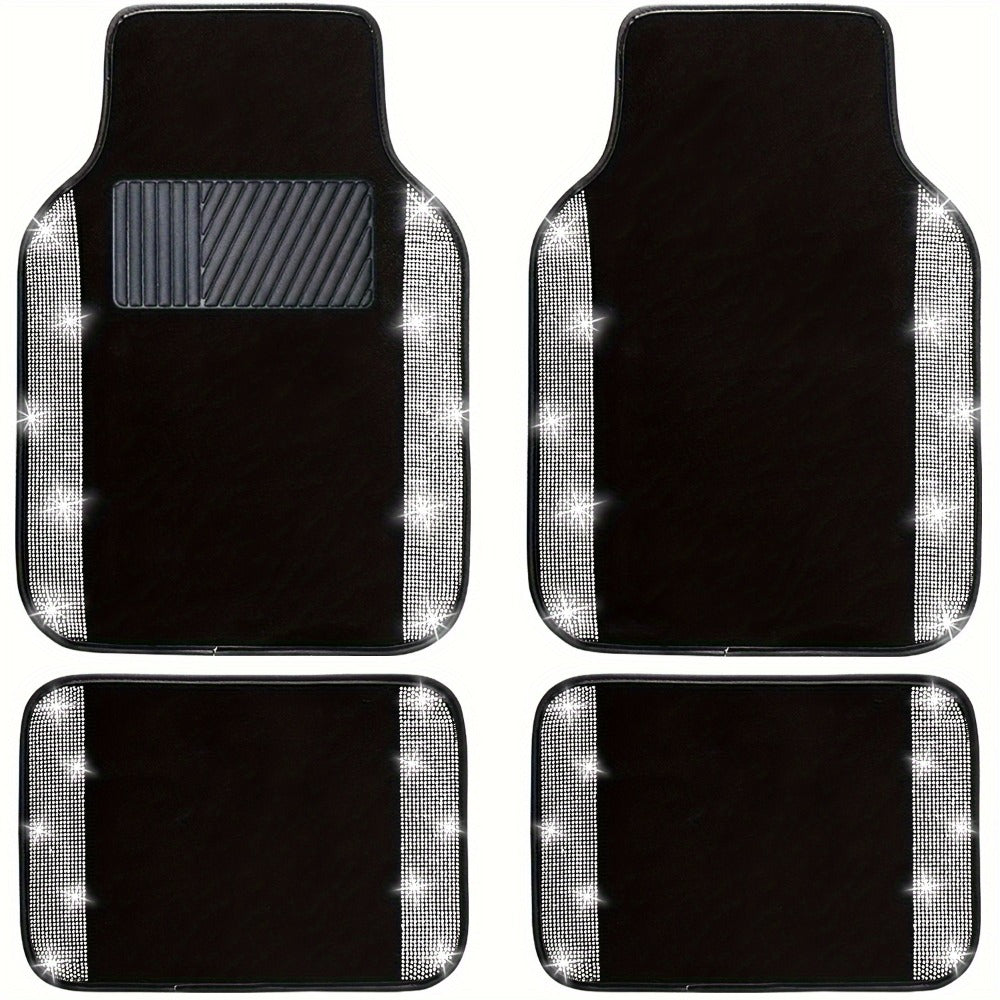 Rhinestone-Border Car Floor Mats, Four-Piece Black Carpet Set with Seven Accent Color Options