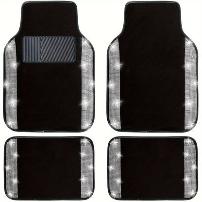 Rhinestone-Border Car Floor Mats, Four-Piece Black Carpet Set with Seven Accent Color Options