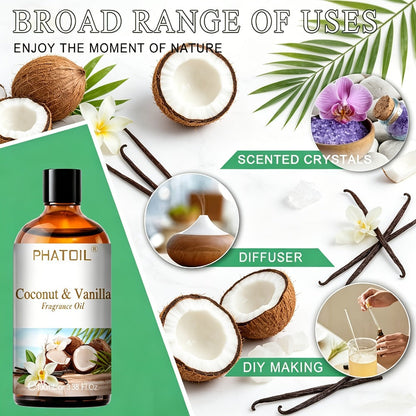 Fragrance Oil for Diffuser - PHATOIL 100ml Coconut & Vanilla Scented Oil for Humidifier, Candle Making