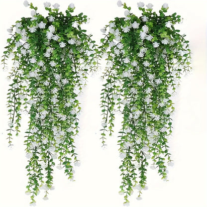 Hanging Artificial Flower Vines, 10-Bunch 30-Inch Set with White or Purple Flowers and Green Leaves