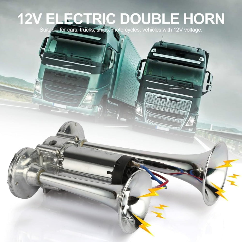 Dual Trumpet Air Horn Kit 12V 110dB – Super Loud Electric Horn with Compressor, Chrome Zinc-Alloy, Universal Fit for Car Truck SUV Boat
