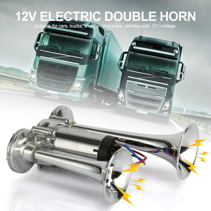 Dual Trumpet Air Horn Kit 12V 110dB – Super Loud Electric Horn with Compressor, Chrome Zinc-Alloy, Universal Fit for Car Truck SUV Boat