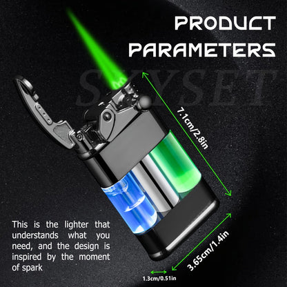 Green Flame Metal Lighter Windproof, Refillable Butane Gas Lighter with Adjustable Flame, Fuel Window & Rocker Arm Ignition