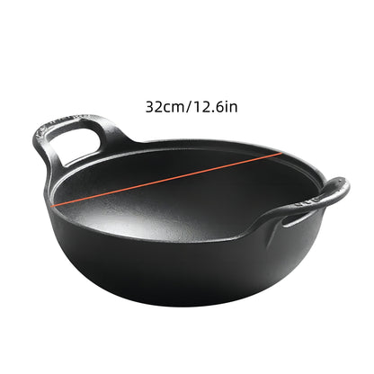 Cast Iron Wok Skillet Non-Stick Deep Stir Fry Pan with Dual Handles – Uncoated Traditional for Home Cooking, Dining and Outdoor Meals