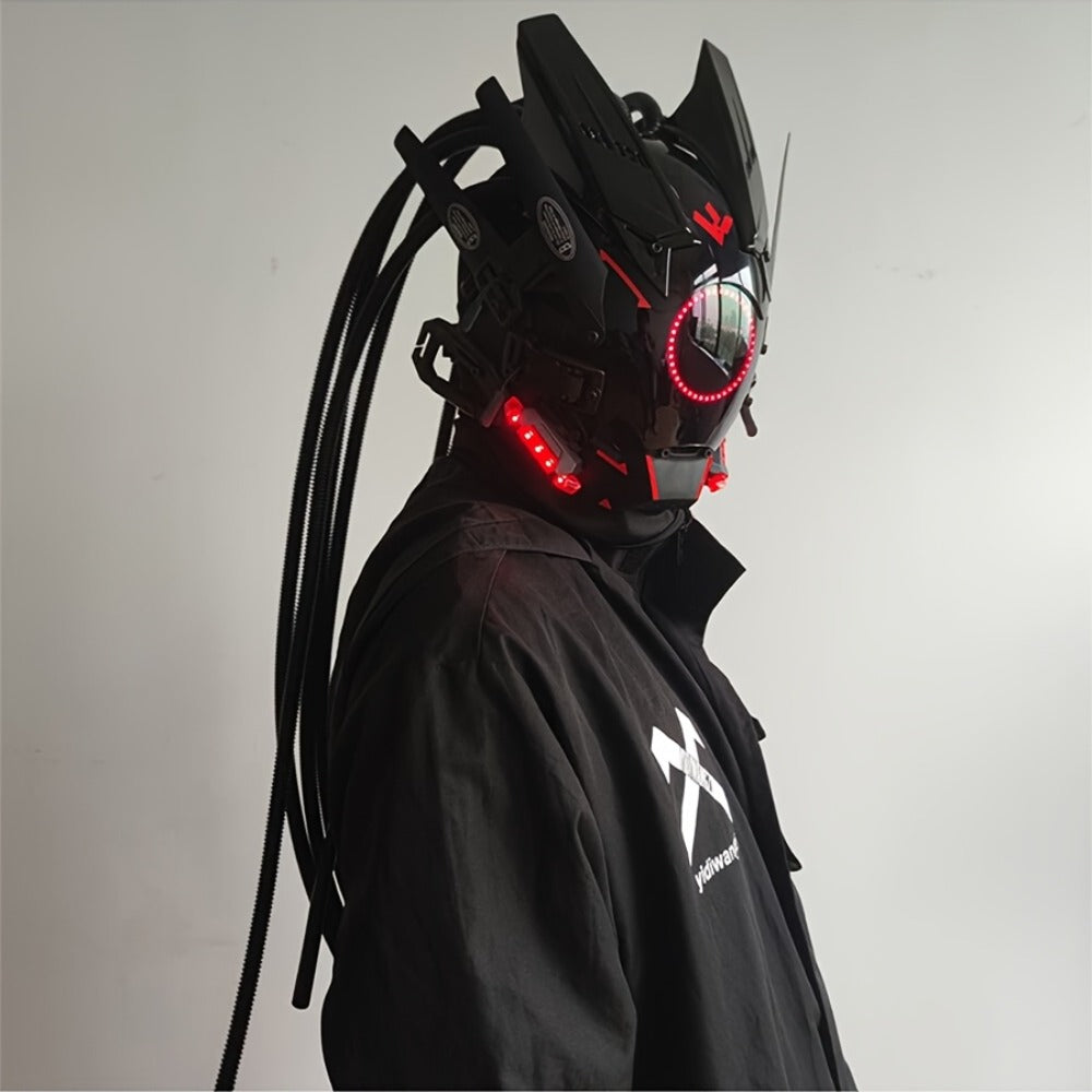 LED Cyberpunk Samurai Mask with Braids, Futuristic Sci-Fi Mechanical Face Mask for Halloween, Cosplay